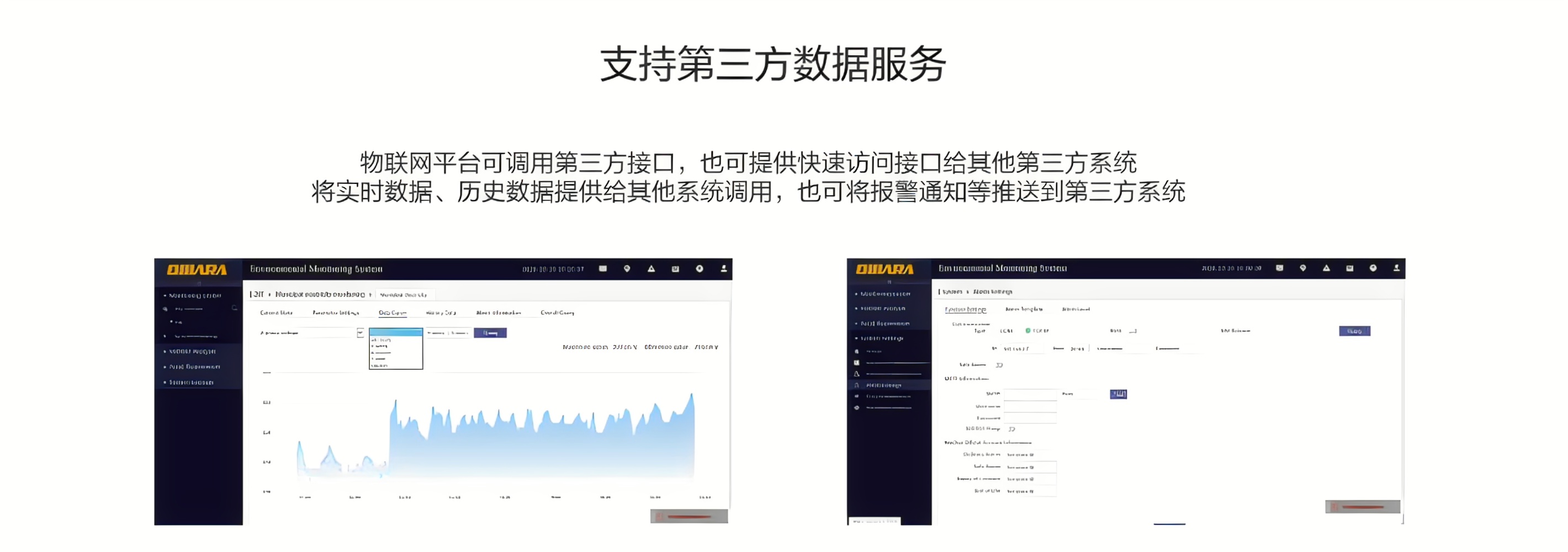 物聯(lián)網(wǎng)平臺(tái)可調(diào)用第三方接口，也可提供快速訪問接口給其他第三方系統(tǒng)，將實(shí)時(shí)數(shù)據(jù)、歷史數(shù)據(jù)提供給其他系統(tǒng)調(diào)用，也可將報(bào)警通知等推送到第三方系統(tǒng)