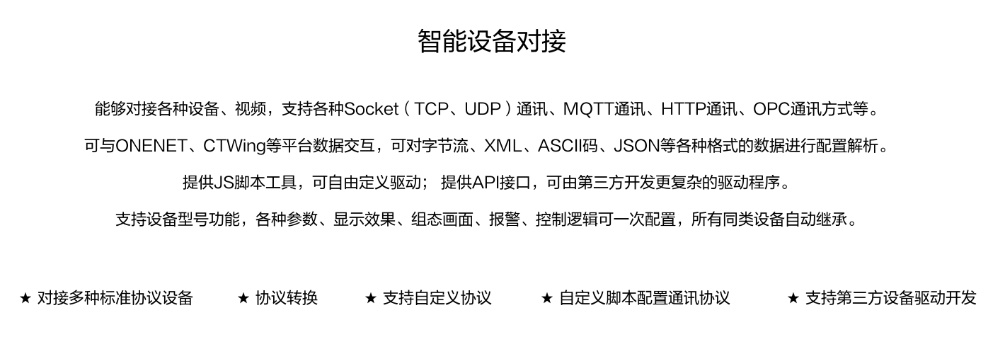 能夠?qū)痈鞣N設(shè)備、視頻，支持各種SocKet(TCP、UDP)通訊、MOTT通訊、HTTP通訊、OPC通訊方式等。 可與ONENET、CTWing等平臺(tái)數(shù)據(jù)交互，可對(duì)字節(jié)流、XML、ASCI碼、JSON等各種格式的數(shù)據(jù)進(jìn)行配置解析。 提供JS腳本工具，可自由定義驅(qū)動(dòng);提供API接口，可由第三方開發(fā)更復(fù)雜的驅(qū)動(dòng)程序。 支持設(shè)備型號(hào)功能，各種參數(shù)、顯示效果、組態(tài)畫面、報(bào)警、控制邏輯可一次配置，所有同類設(shè)備自動(dòng)繼承。