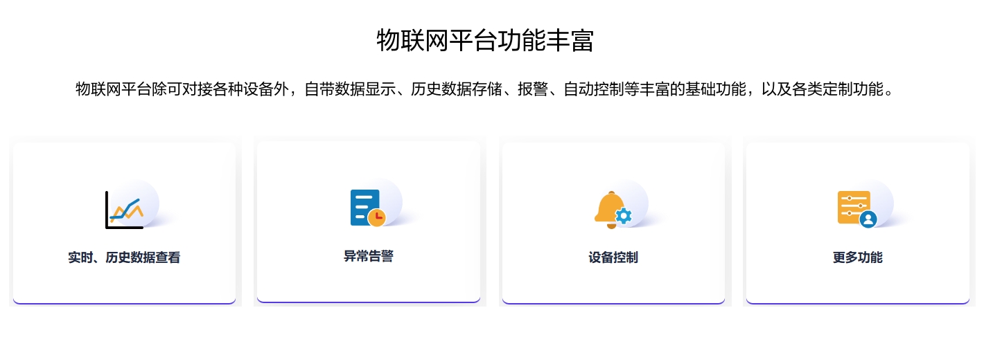 物聯(lián)網(wǎng)平臺(tái)功能豐富，除可對(duì)接各種設(shè)備外，自帶數(shù)據(jù)顯示、歷史數(shù)據(jù)存儲(chǔ)、報(bào)警、自動(dòng)控制等豐富的基礎(chǔ)功能，以及各類定制功能。